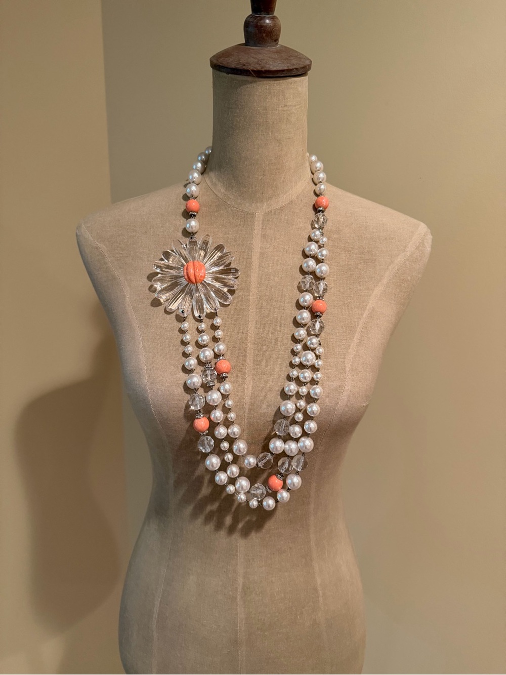 Vintage 3-Strand Pearl & Coral Bead Necklace with Large Acrylic Daisy Pendant